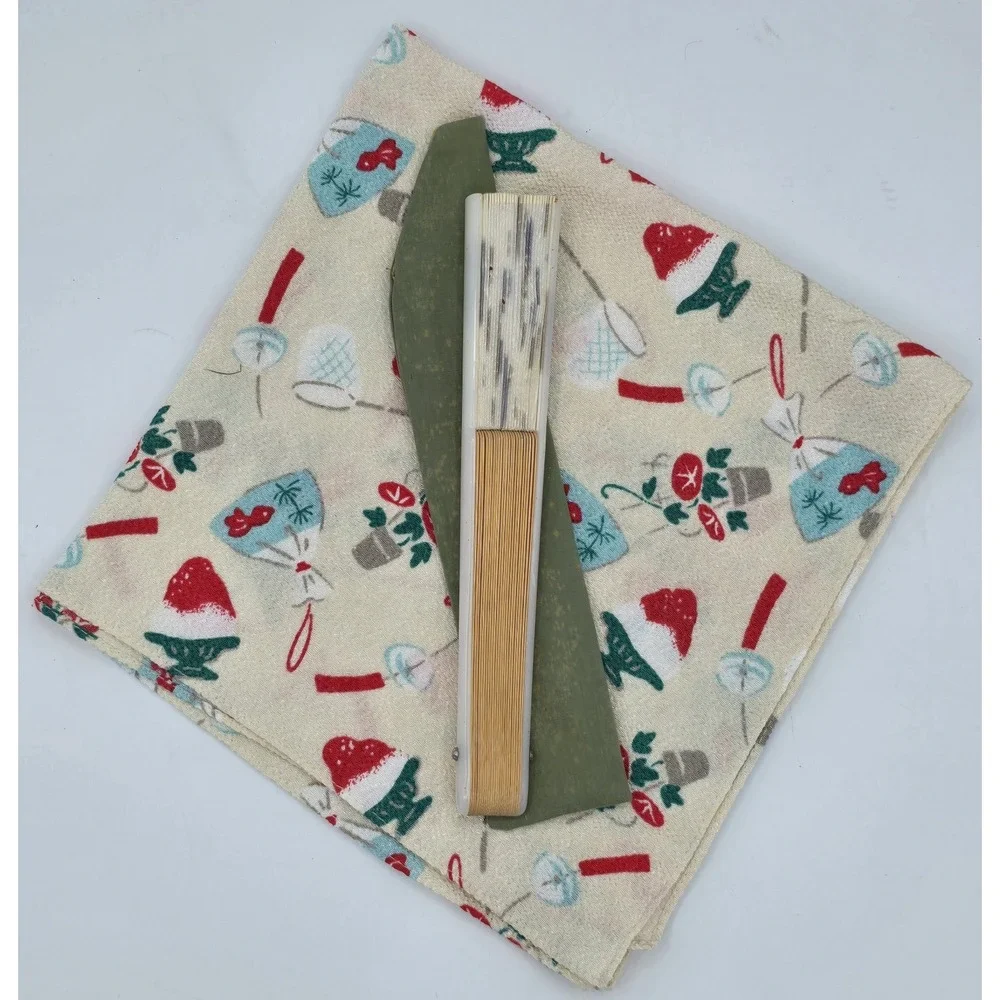 VTG Summer Themed White Bunny and Floral Folding Fan + Sheen Summer Theme Fabric